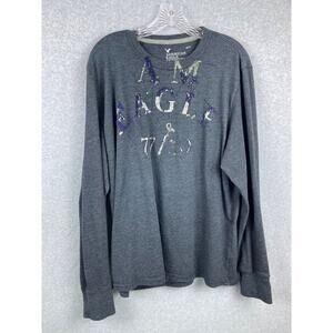 American Eagle Shirt Men's 2XL Gray Long Sleeve Spellout Grunge 90's‎ Pullover